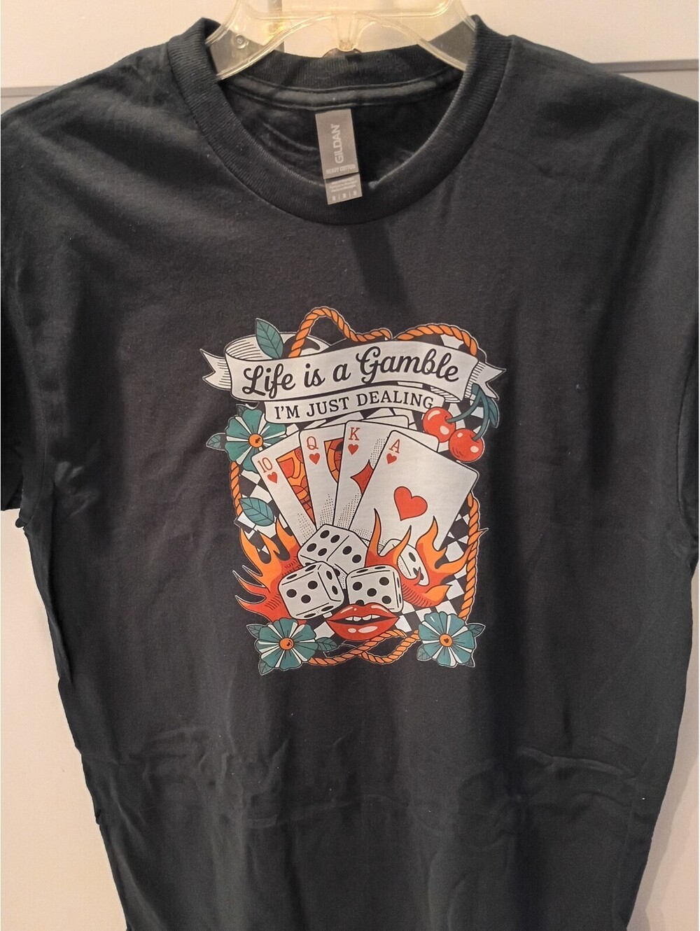 Gildan Heavy Cotton Black Graphic T-Shirt Life is a Gamble Size M